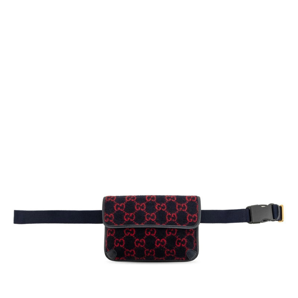 Gucci GG Wool Waist Bag Body Navy Blue Red Leather